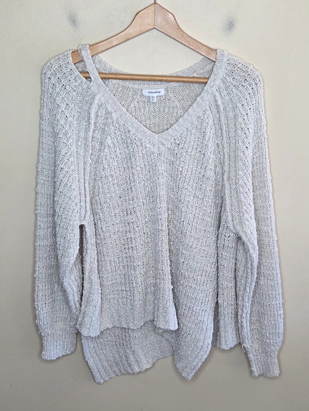 Mittoshop Relaxed Distressed Beige V-neck Knit Sweater Size M/L Oversized Casual
